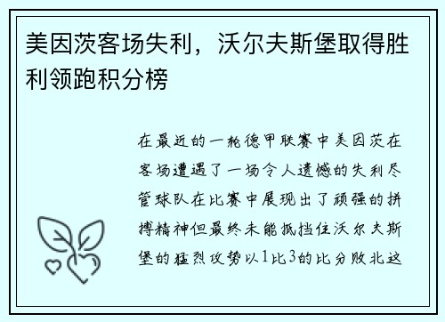 美因茨客场失利，沃尔夫斯堡取得胜利领跑积分榜