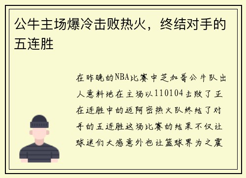 公牛主场爆冷击败热火，终结对手的五连胜